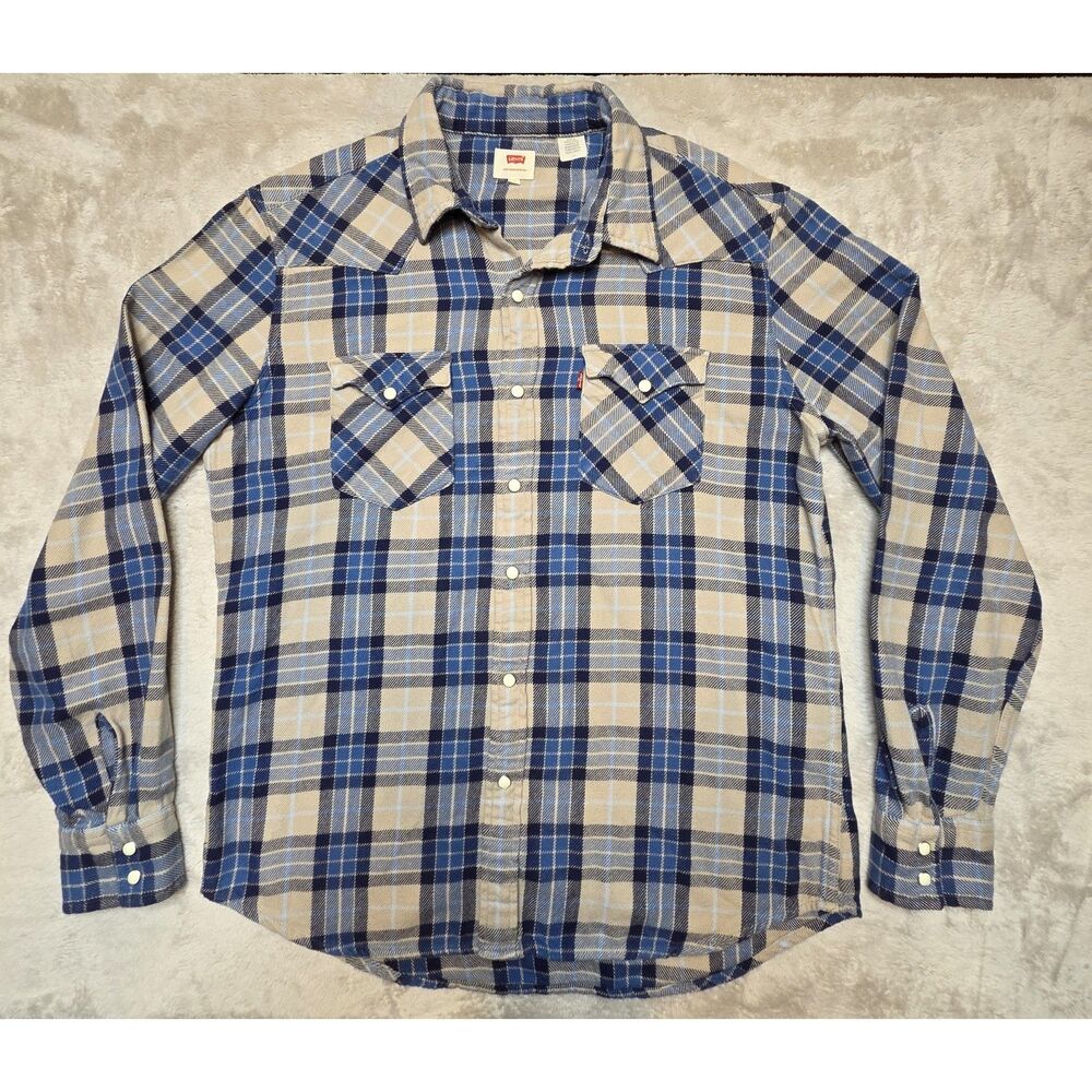 Levis Flannel Pearl Snap Long Sleeve Men's Large Cowboy Western Heavyweight Blue